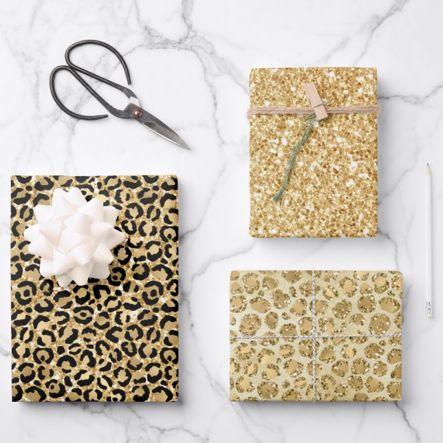 Black Gold Glitter Leopard Print         Wrapping Paper Sheet (Front)