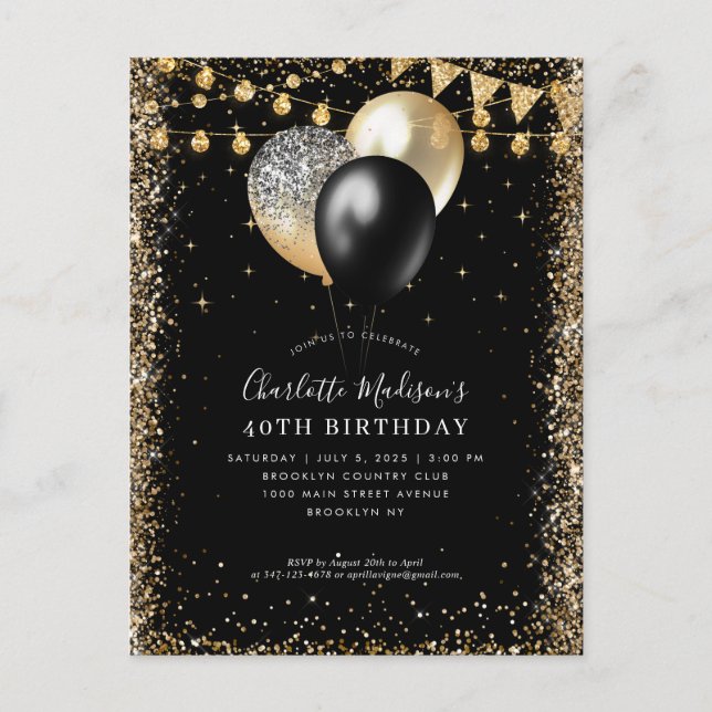 Black Gold Glitter Lights Balloon Any Age Birthday Postcard (Front)