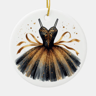 BLACK & GOLD GLITTER LOOK BALLET TUTU CERAMIC TREE DECORATION