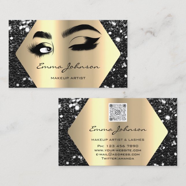 Black Gold Glitter Makeup Artist Lashes QR Code Business Card (Front/Back)