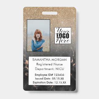 Black Gold Glitter Marble Photo Logo Employee ID Badge