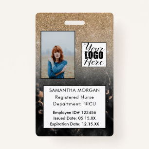 Black Gold Glitter Marble Photo Logo Employee ID ID Badge