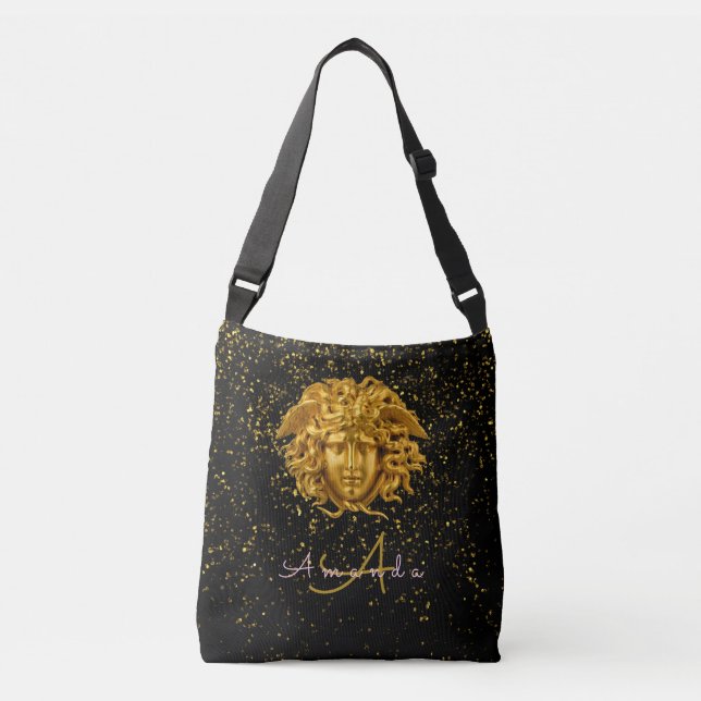 Black Gold Glitter Medusa Script Haute Couture Crossbody Bag (Front)
