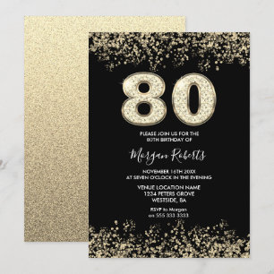 Black Gold Glitter Mens Womans 80th Birthday Party Invitation
