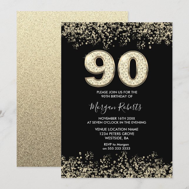 Black Gold Glitter Mens Womans 90th Birthday Party Invitation (Front/Back)