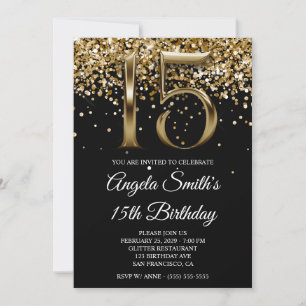 Black Gold Glitter Metallic Look 15th Birthday Invitation