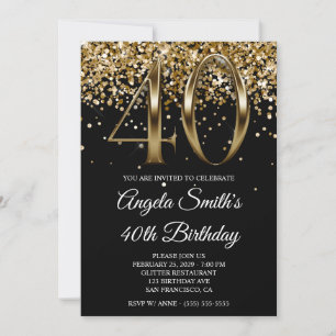 Black Gold Glitter Metallic Look 40th Birthday Invitation