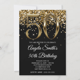 Black Gold Glitter Metallic Look 50th Birthday Invitation