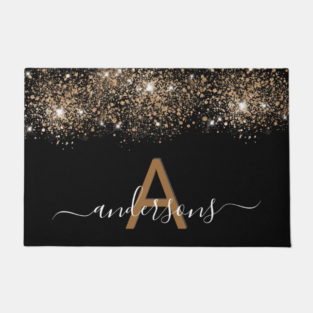 Black gold glitter monogram family name doormat (Front)