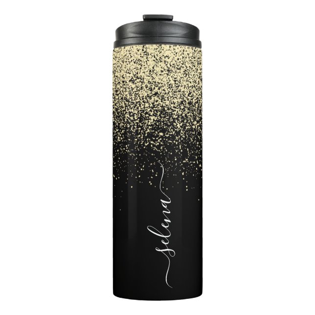 Black Gold Glitter Monogram Girly Thermal Tumbler (Front)