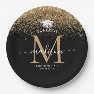 Black Gold Glitter Monogram Grad Graduation Party Paper Plate