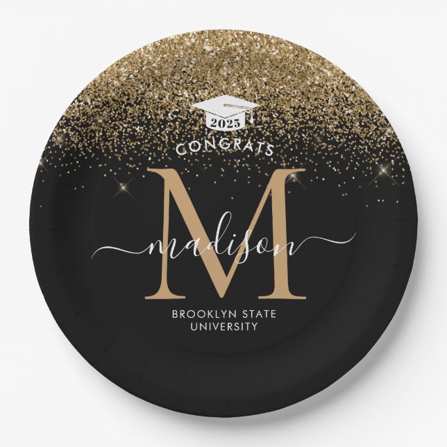 Black Gold Glitter Monogram Grad Graduation Party Paper Plate (Front)