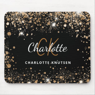 Black gold glitter monogram initails name mouse mat