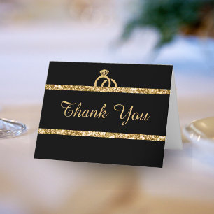 Black & Gold Glitter Monogram Initial Wedding Thank You Card
