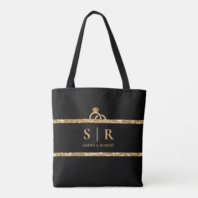 Black & Gold Glitter Monogram Initial Wedding Tote Bag (Back)