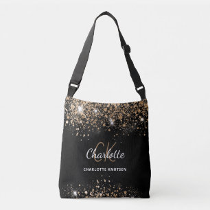 Black gold glitter monogram initials crossbody bag
