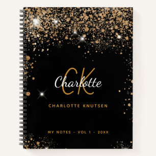 Black gold glitter monogram name glam notebook