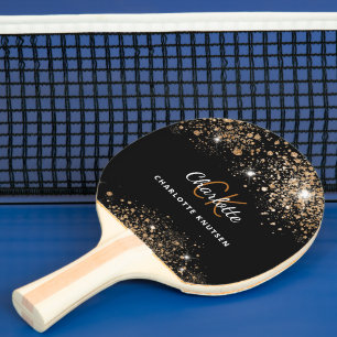Black gold glitter monogram name glitter ping pong paddle