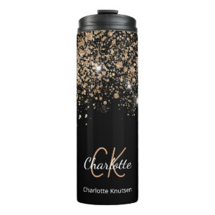 Black gold glitter monogram name sparkle thermal tumbler