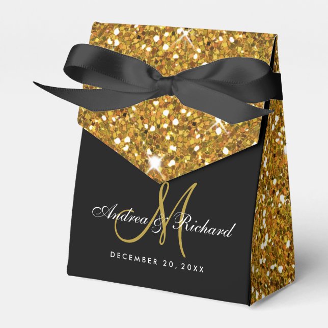Black Gold Glitter Monogram Wedding Favour Box (Front Side)