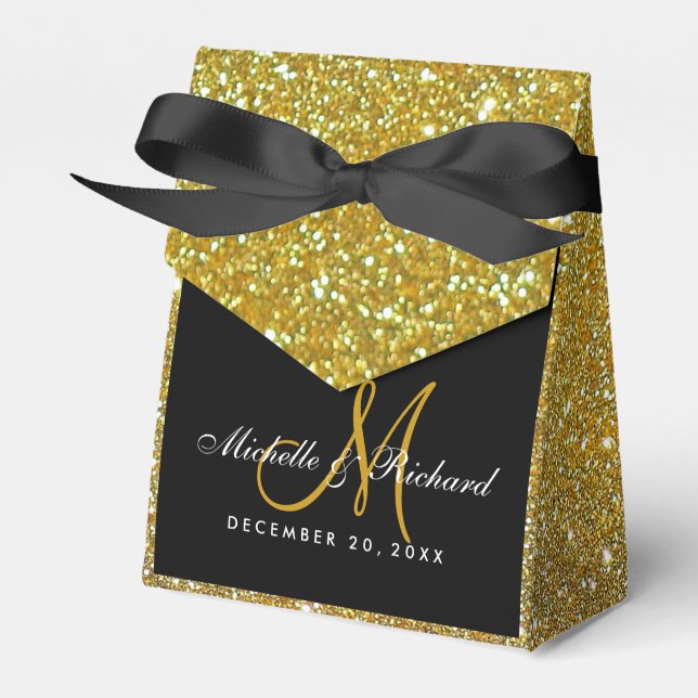 Black Gold Glitter Monogram Wedding Favour Box (Front Side)