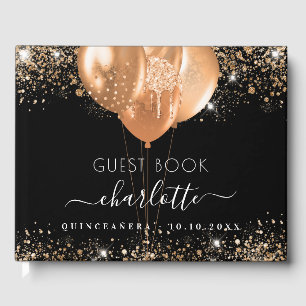 Black gold glitter name balloons Quinceanera Guest Book