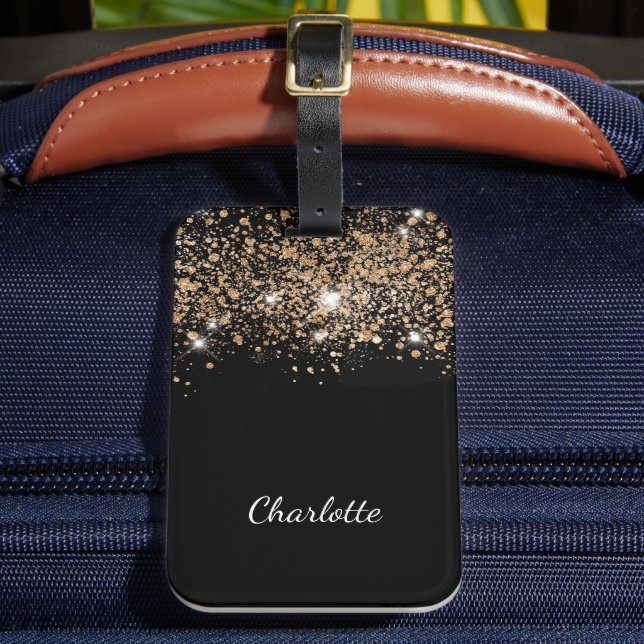 Black gold glitter name script glamourous luggage tag (Front Insitu 2)