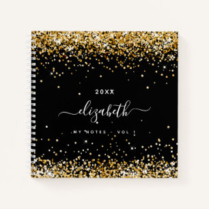 Black gold glitter name script notebook