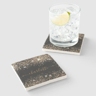Black gold glitter name script stone coaster