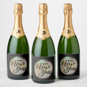 Black Gold Glitter New Year Sparkling Wine Label