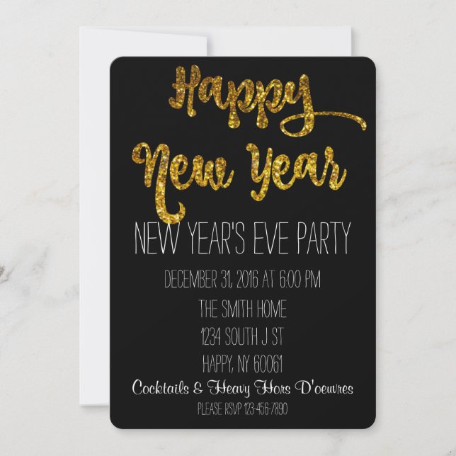 Black & Gold Glitter New Year's Eve Invitation (Front)