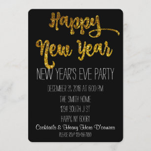 Black & Gold Glitter New Year's Eve Invitation