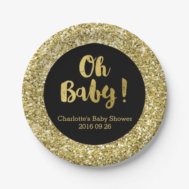 Black Gold Glitter Oh Baby Baby Shower Plate (Front)