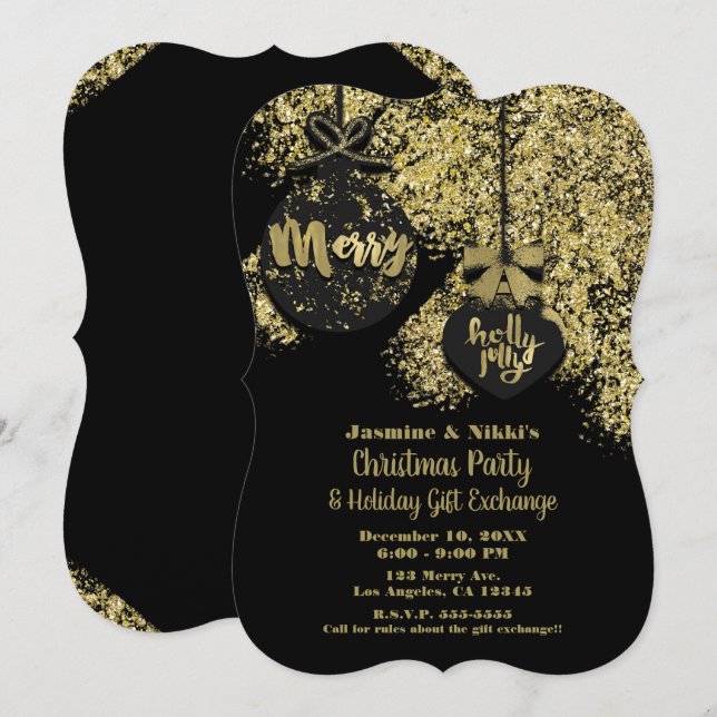 Black Gold Glitter Ornaments Holiday Glam Party Invitation (Front/Back)