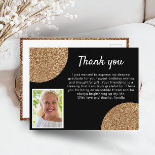 Black Gold Glitter Photo Birthday Thank you Postcard