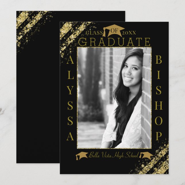 Black & Gold Glitter Photo Graduation Graduate Invitation (Front/Back)