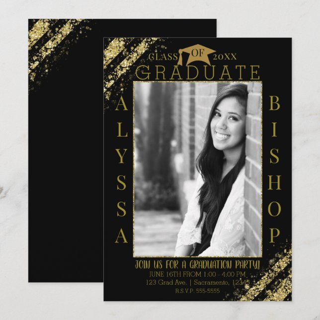 Black Gold Glitter Photo Graduation Graduate Party Invitation (Front/Back)