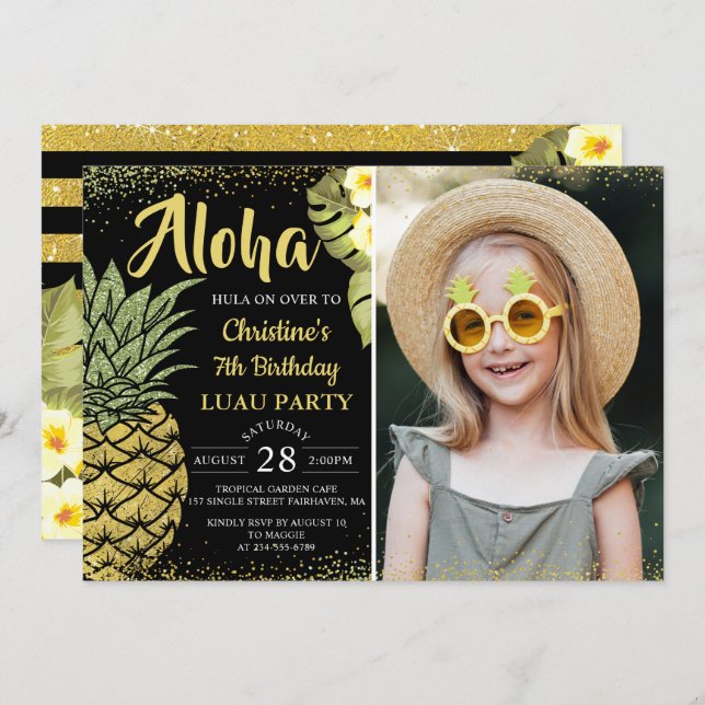 Black Gold Glitter Pineapple Floral Birthday Photo Invitation (Front/Back)