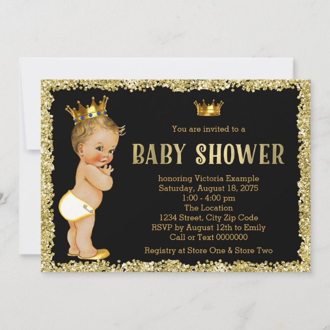 Black Gold Glitter Prince Baby Shower Invitation (Front)