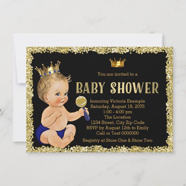 Black Gold Glitter Prince Boy Baby Shower Invitation (Front)