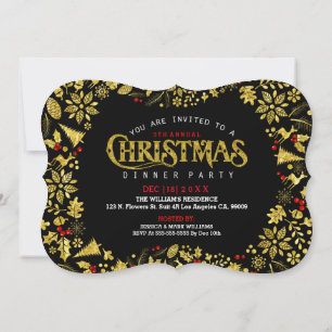 Black & Gold Glitter Print Christmas Wreath Invitation