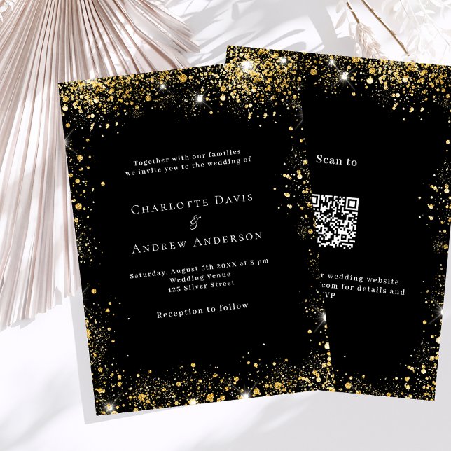 Black gold glitter QR code RSVP details wedding Invitation (Creator Uploaded)