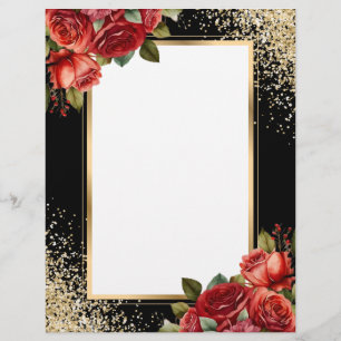 Black Gold Glitter Red Roses Photo Custom Letterhead
