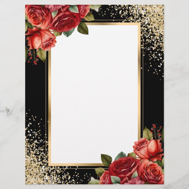 Black Gold Glitter Red Roses Photo Custom Letterhead (Front)