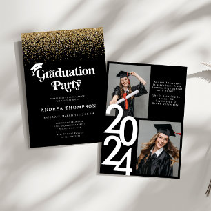 Black Gold Glitter Retro Graduation Party Photo Invitation