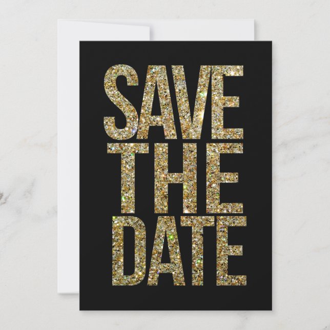 Black & Gold Glitter Save the Date Typography (Front)