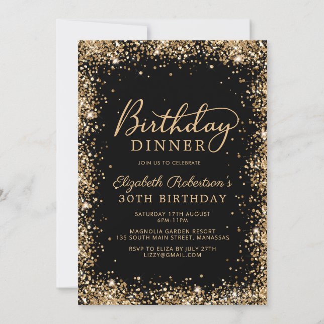 Black Gold Glitter Script 30th Birthday Dinner Invitation (Front)