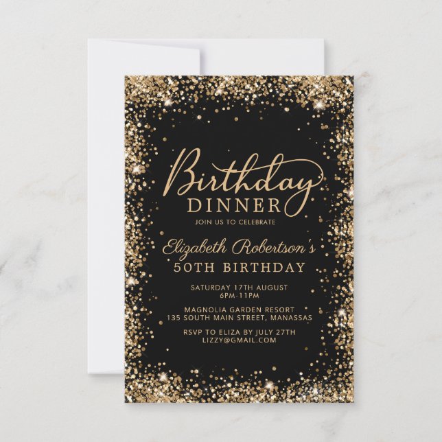 Black Gold Glitter Script 50th Birthday Dinner Invitation (Front)