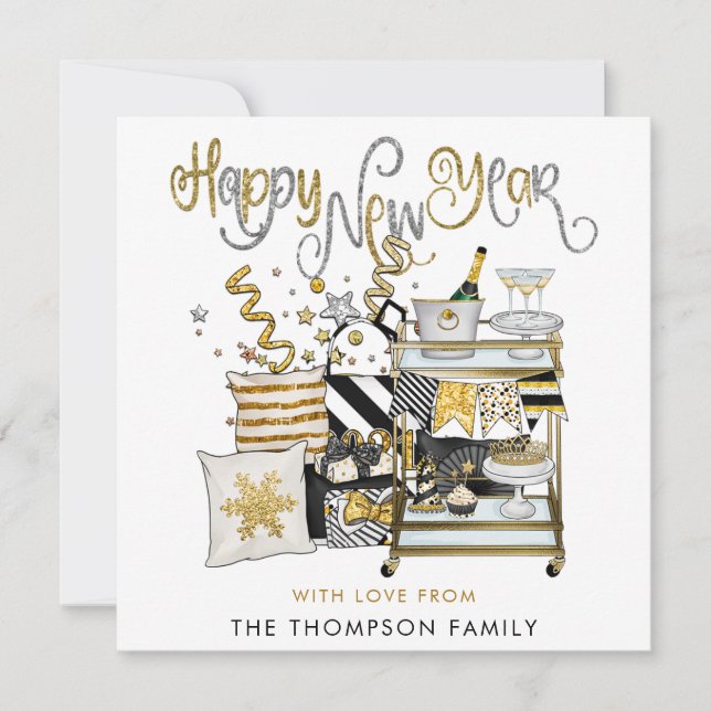  Black Gold Glitter Script Happy New Year Card (Front)