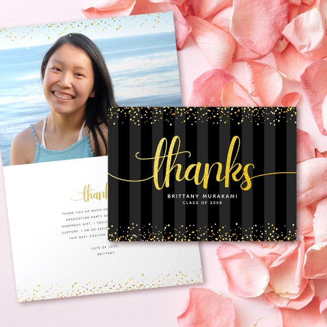 Black gold glitter script modern graduation photo thank you card (Creator Uploaded)